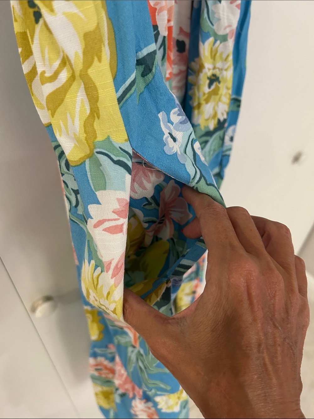 LOFT Blue Floral Smocked Dress with Coral Accents. Dress has pockets. - Picture 4 of 4